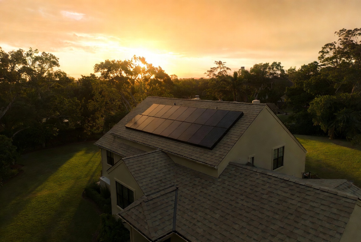 Aerial view of a modern home with rooftop solar panels at golden hour