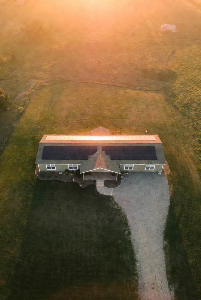 Ranch-style home with full roof solar array