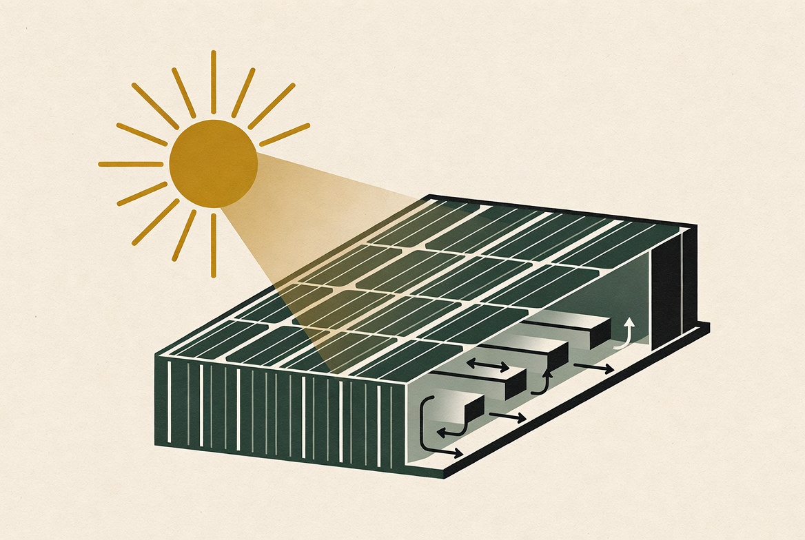 Illustration of how a solar panel converts sunlight to electricity